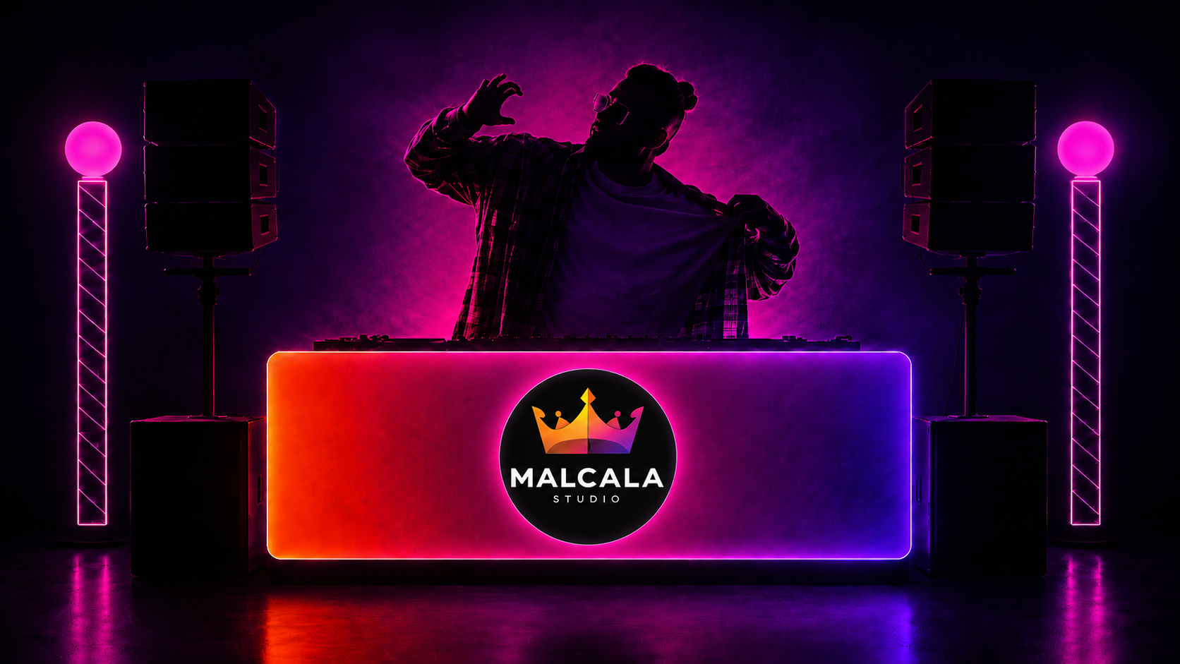 Stylized Malcala Studio DJ booth scene with Michael silhouette